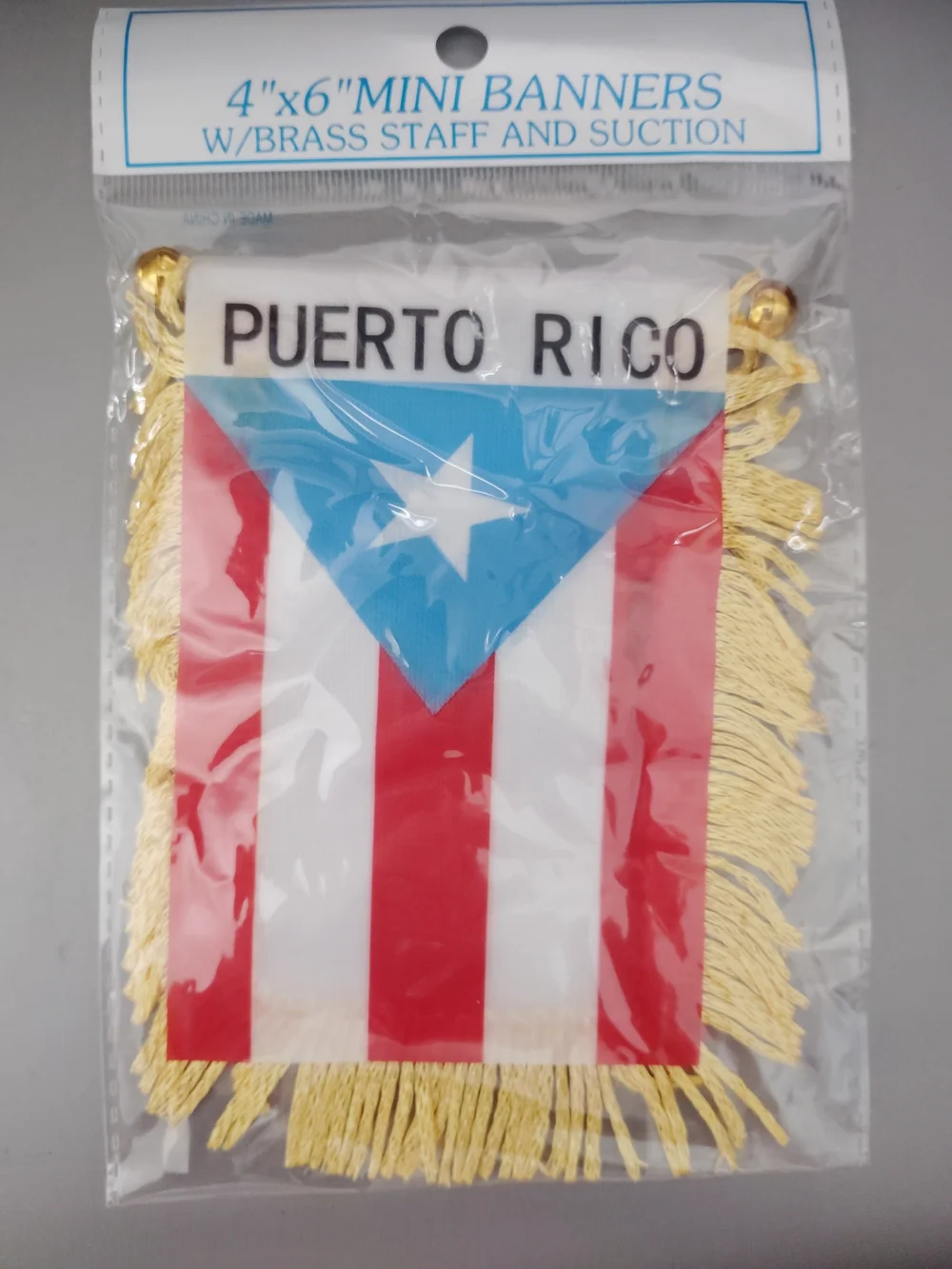 Puerto Rico Mini Banner with Gold Fringe - Red, Blue & White
